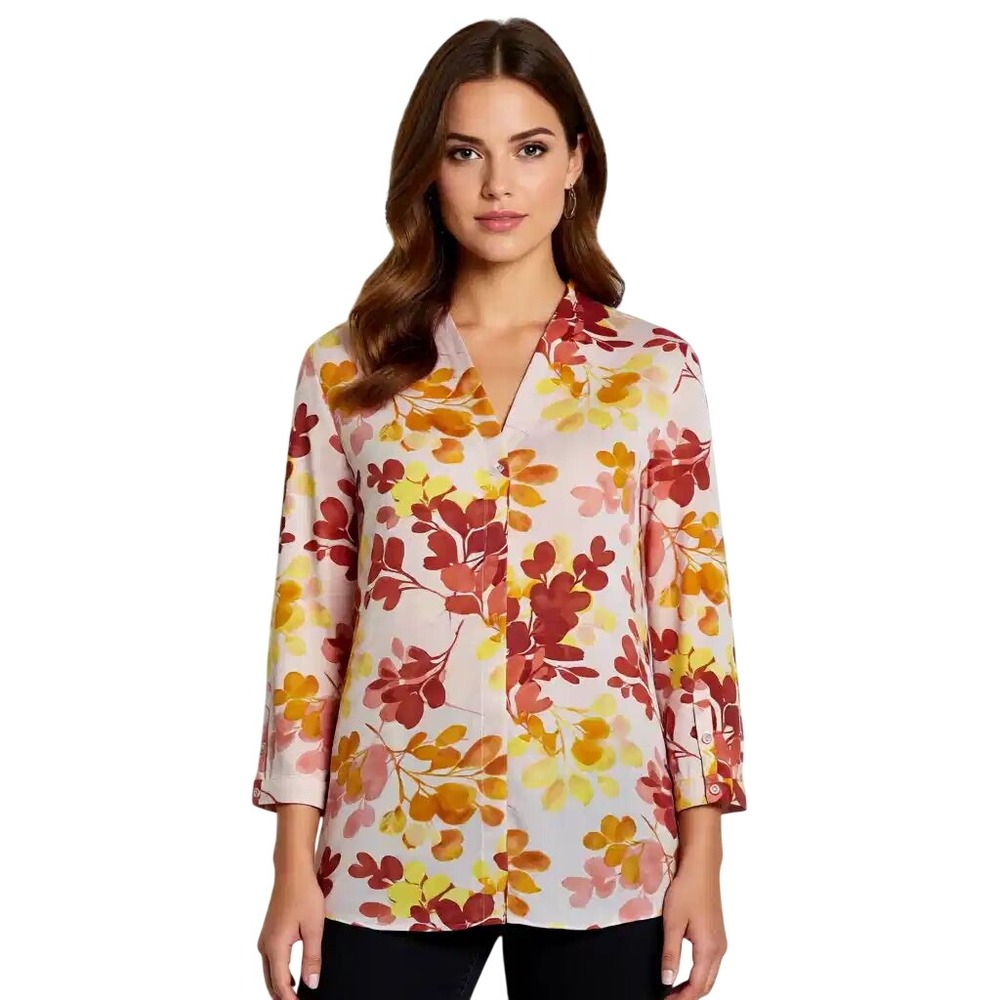 Investments Women  Floral Leaf Print V-Neck 3/4 Sleeve Blouse‎ Orange Yellow L